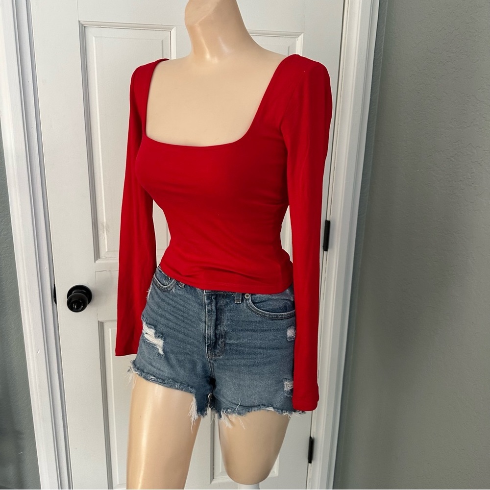 BERSHKA SQUARE NECK CROPPED LONG SLEEVE TOP - Picture 5 of 9